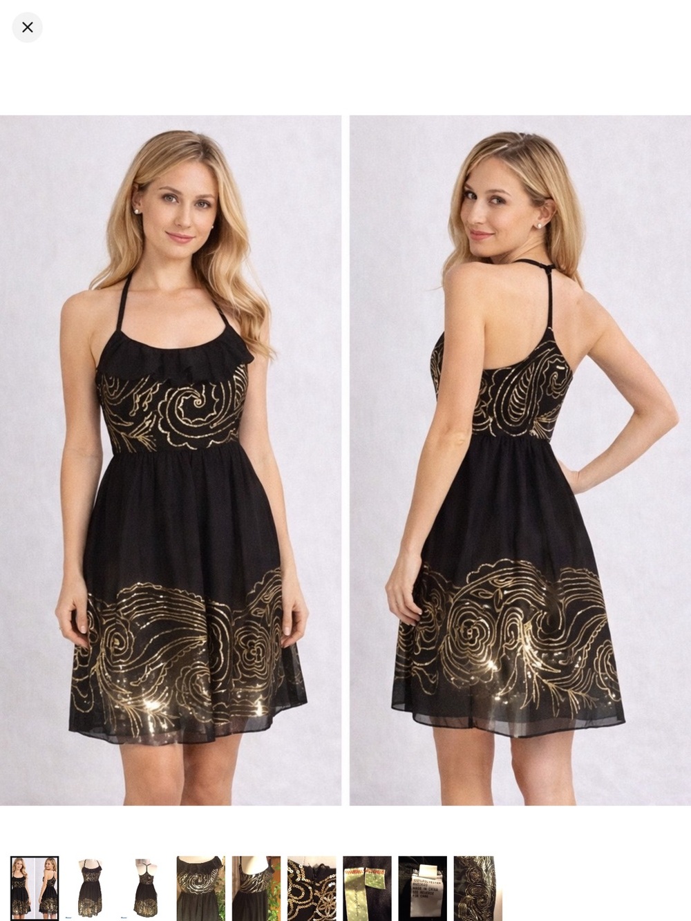 Black Halter Cocktail Babydoll Dress Gold Sequin‎ Swirl Embroidery Whimsigoth
